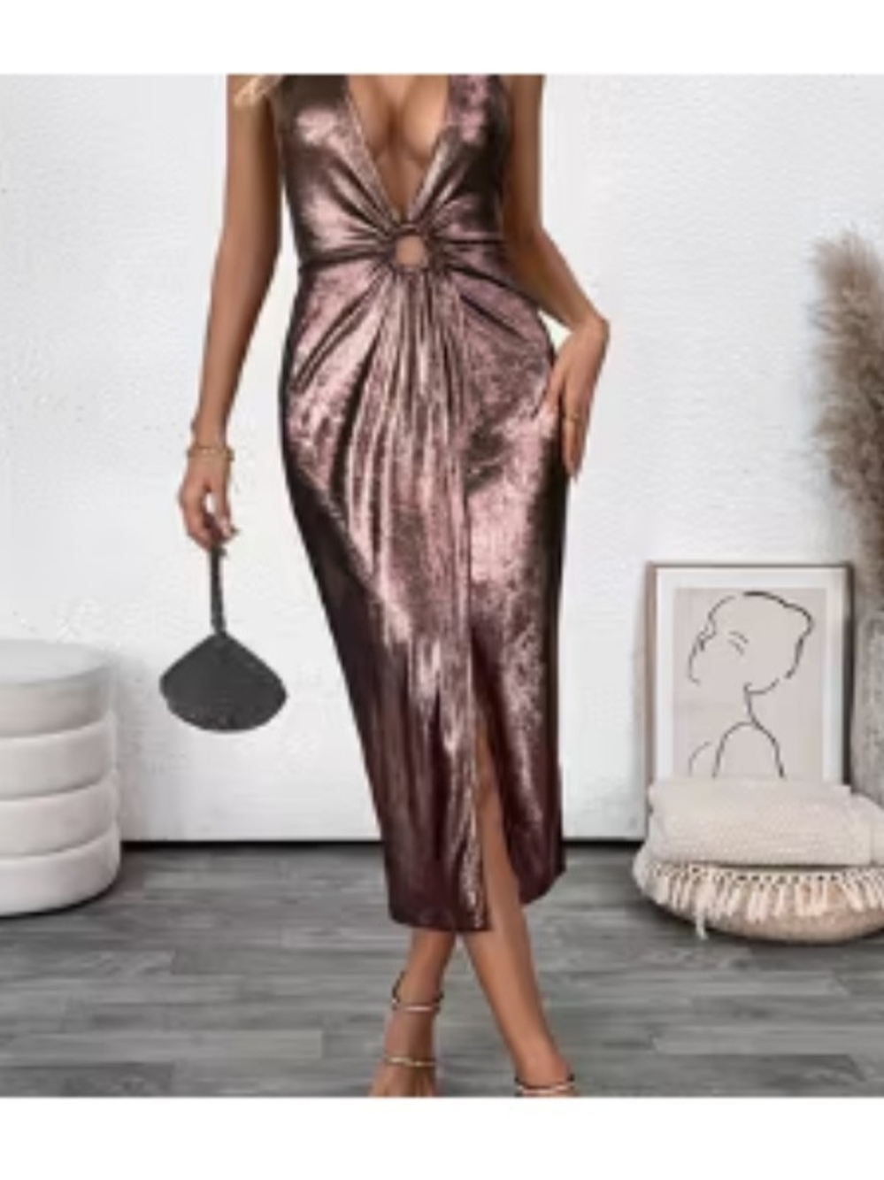 Metallic Bronze Twist-Front Midi Dress With Slit Size S